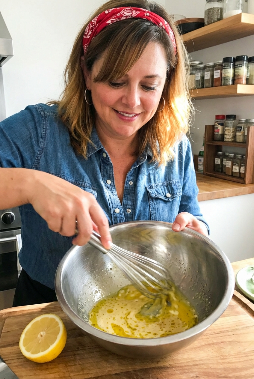 A whisk emulsifying lemon vinaigrette in a stainless steel bowl with a lemon half nearby