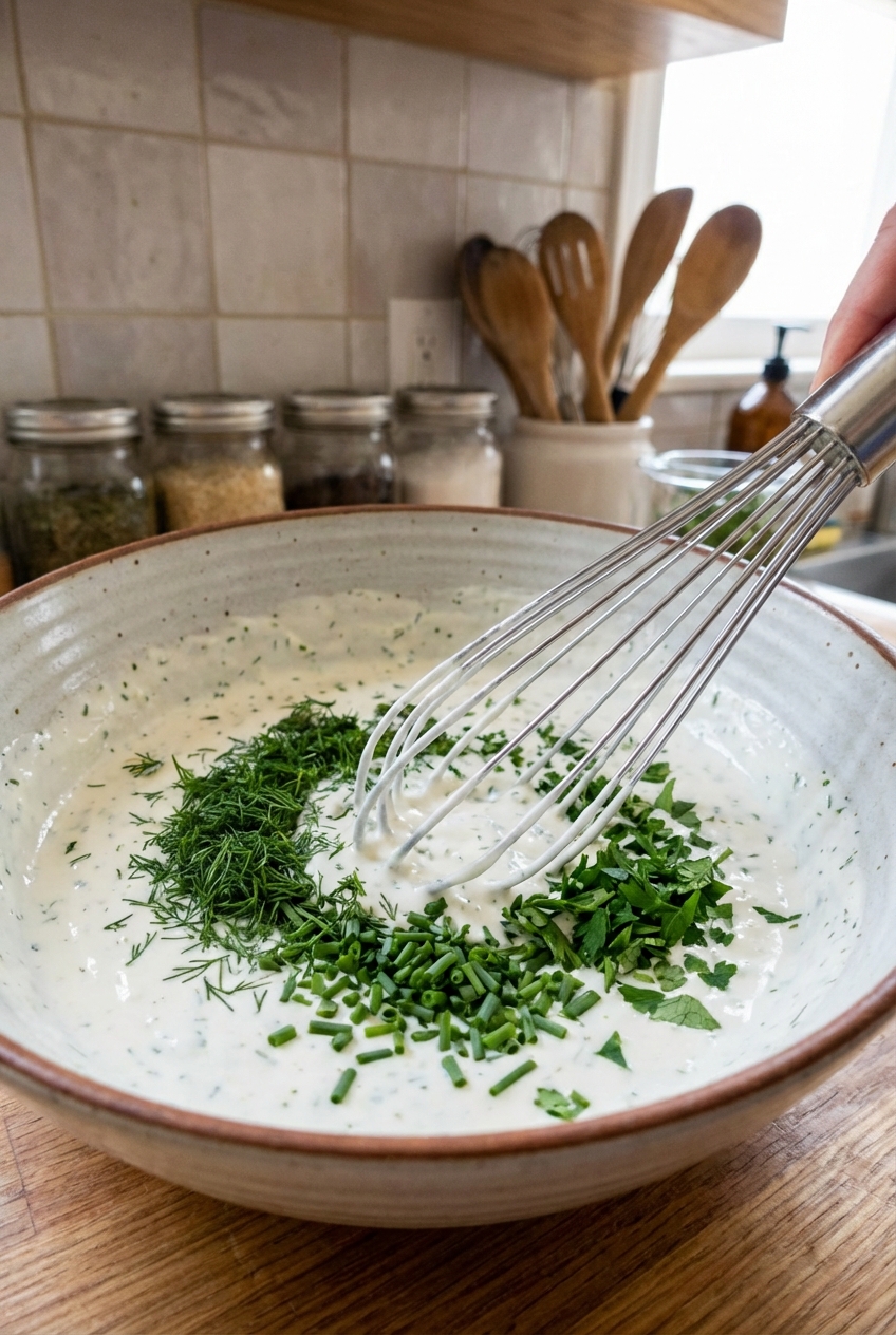 A whisk in a bowl of ranch dressing with herbs being stirred in on a kitchen counter