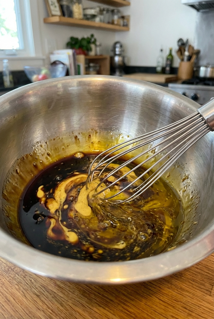 A whisk in a mixing bowl swirling balsamic vinegar, Dijon mustard, and olive oil into a shiny vinaigrette
