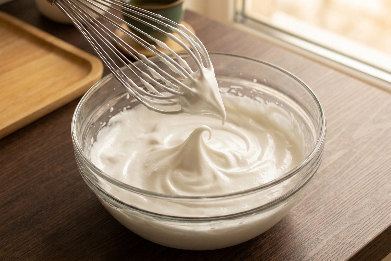 A whisk lifted from a bowl of meringue showing glossy medium peaks that gently fold over at the tip