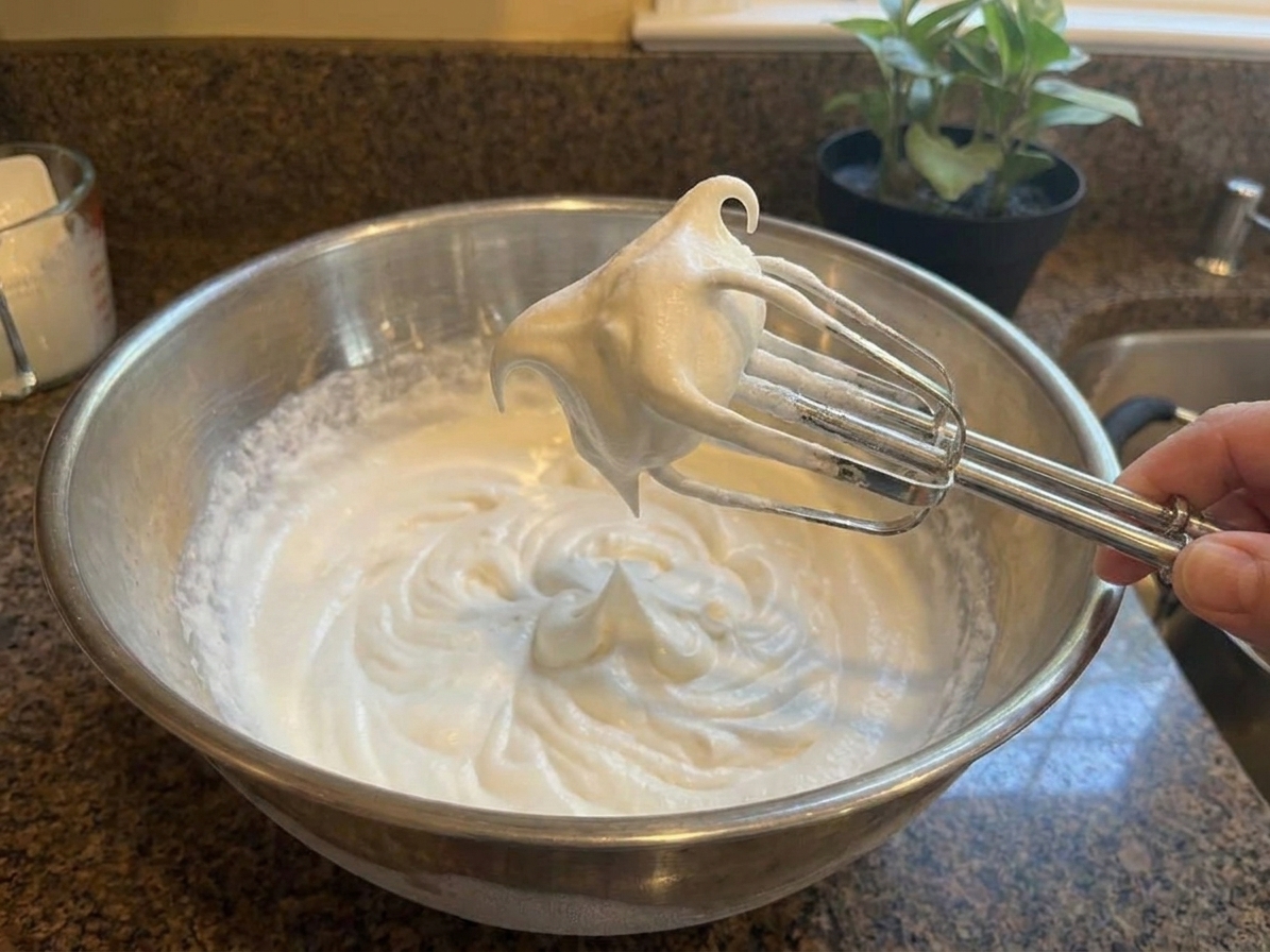 A whisk lifted from a bowl of whipped cream showing soft peaks gently curling over