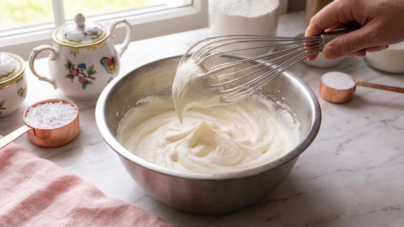 A whisk lifted from a bowl of whipped cream showing a soft peak that gently folds over