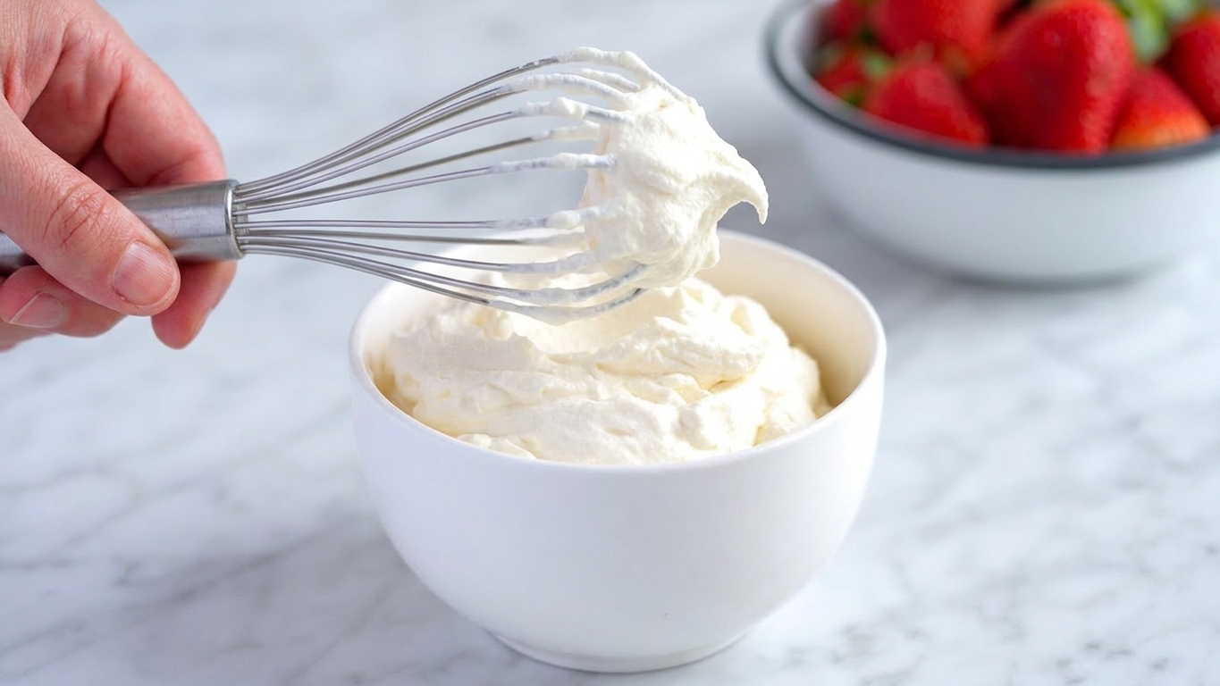 A whisk lifted from a bowl of whipped cream showing soft peaks that gently curl over on a bright kitchen counter