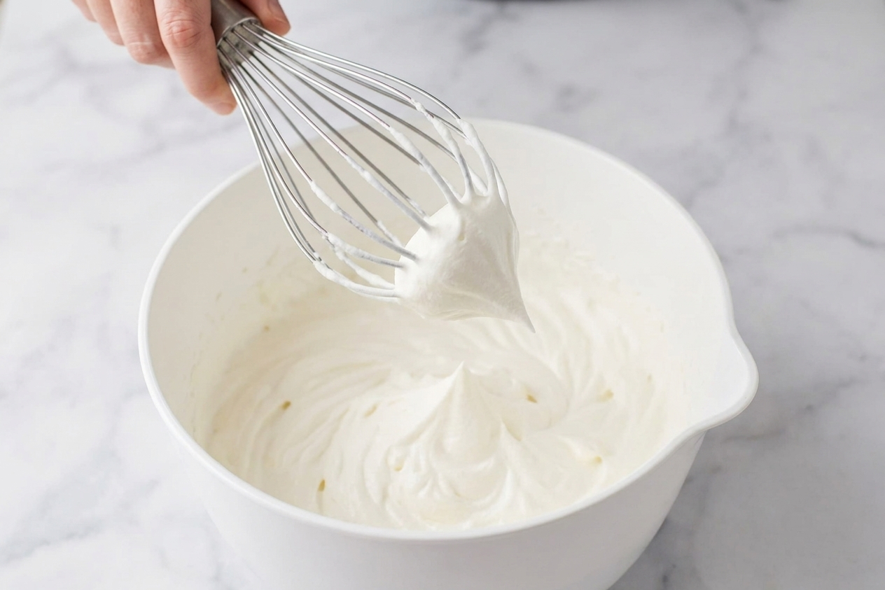 A whisk lifted from a bowl of whipped cream showing a firm peak holding its shape