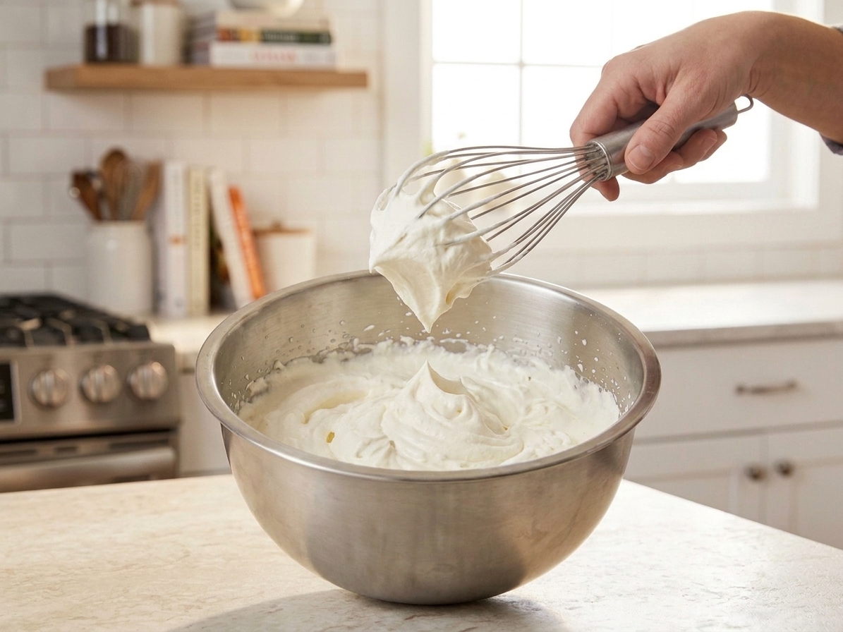 A whisk lifted from a bowl of whipped cream showing a soft peak that gently folds over