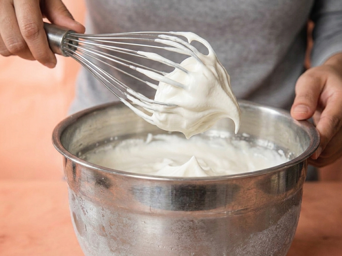 A whisk lifted from a bowl of whipped topping showing soft peaks that gently curl over