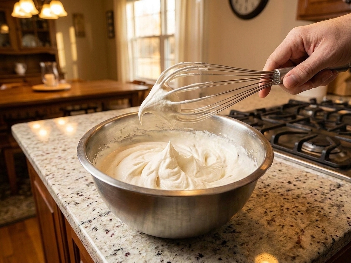 A whisk lifted from a bowl showing Chantilly cream forming soft peaks that gently fold over at the tip