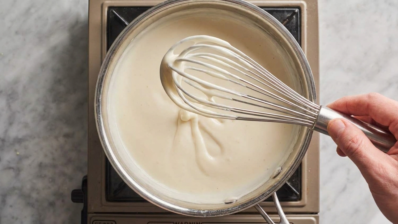 A whisk lifting from a saucepan of thickened white sauce, showing a smooth, creamy texture