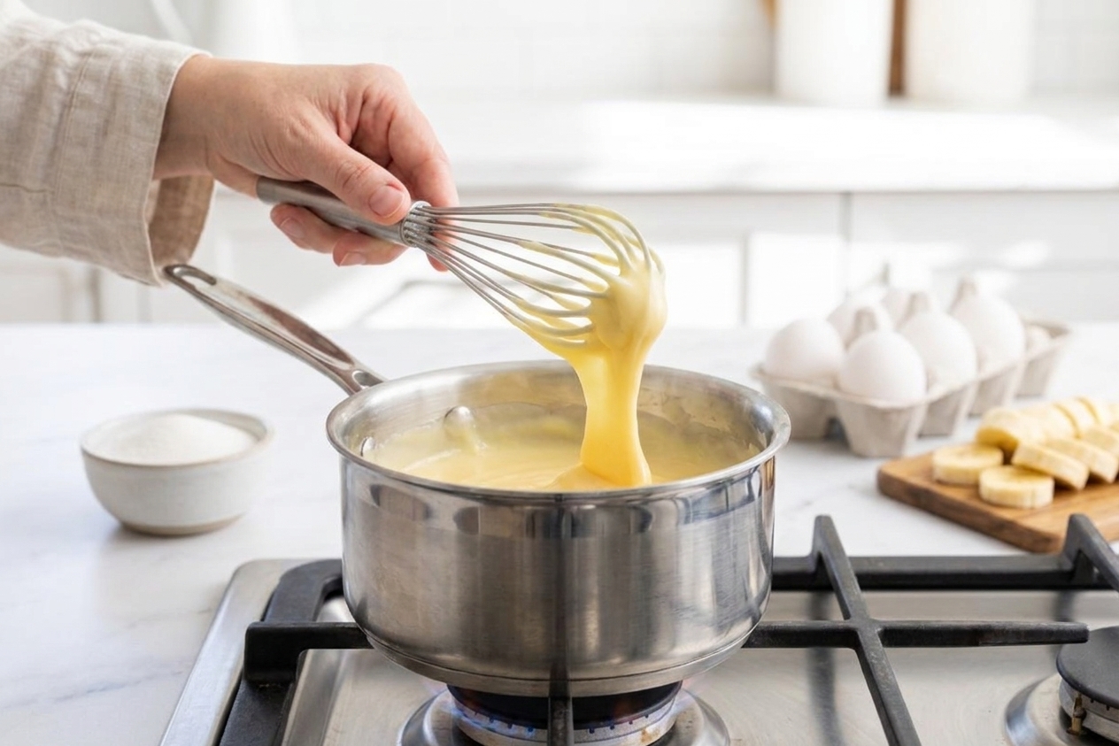 A whisk lifting thick vanilla custard from a saucepan on a stovetop