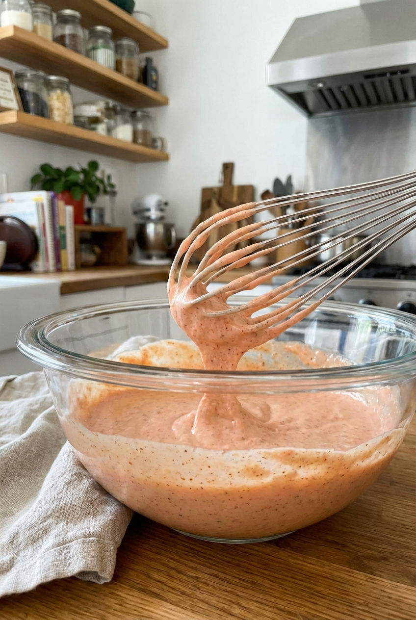 A whisk mixing a creamy pinkish dipping sauce in a glass bowl on a kitchen counter