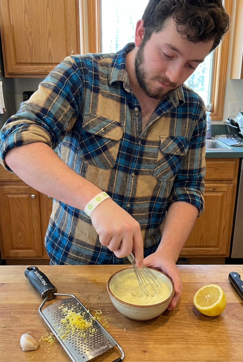 A whisk mixing creamy garlic aioli in a small bowl on a countertop with a microplane and lemon nearby