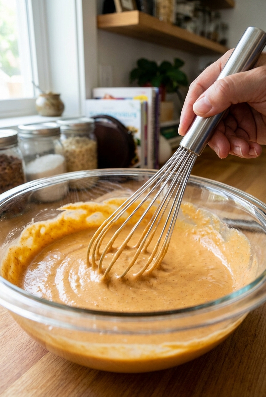A whisk mixing creamy orange-tan sauce in a glass bowl on a kitchen counter