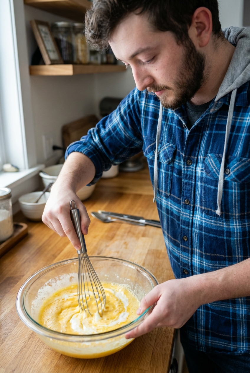 A whisk mixing eggs and cream in a clear bowl on a kitchen counter