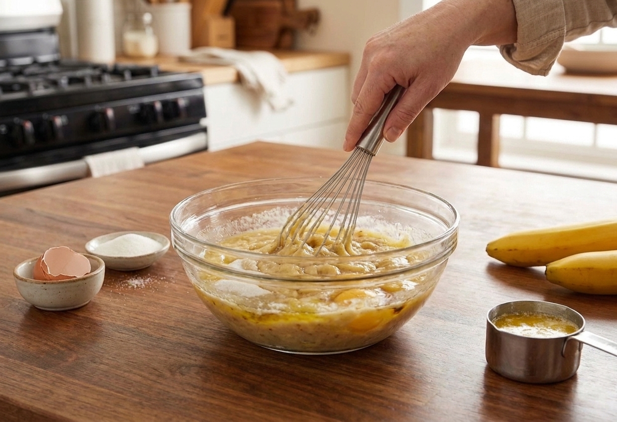 A whisk mixing mashed bananas with eggs, sugar, and melted butter in a glass bowl