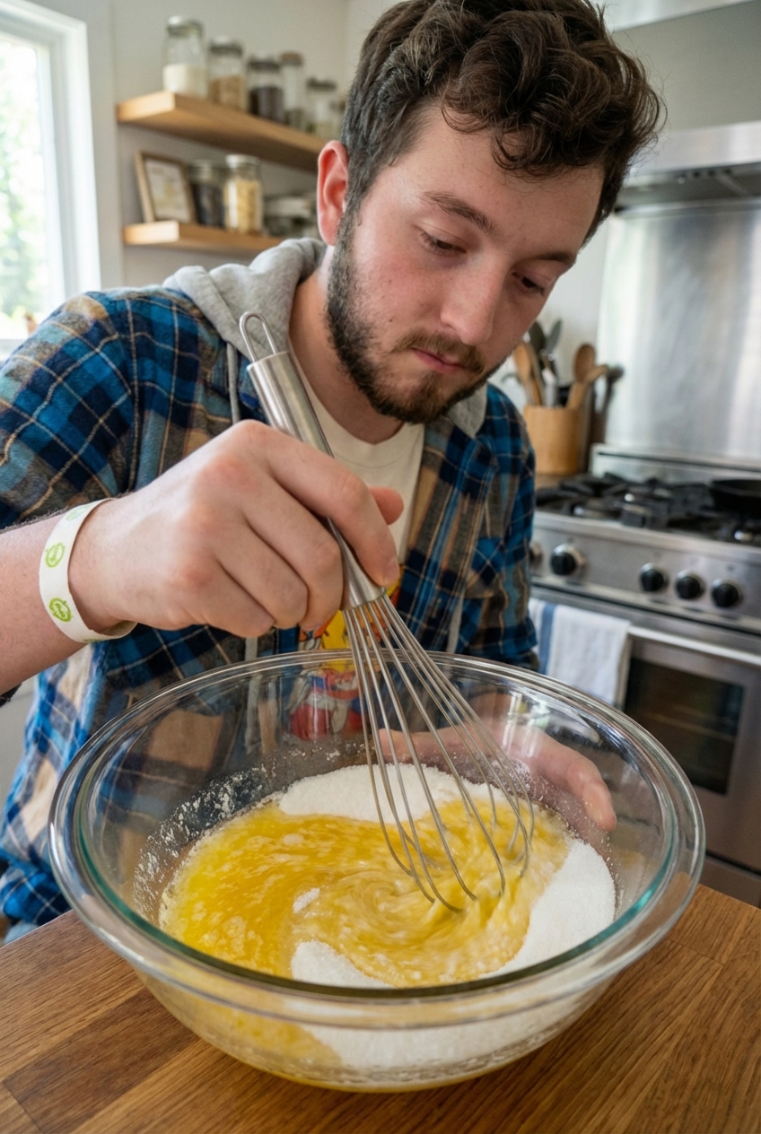 A whisk mixing melted butter and sugar in a glass bowl on a countertop
