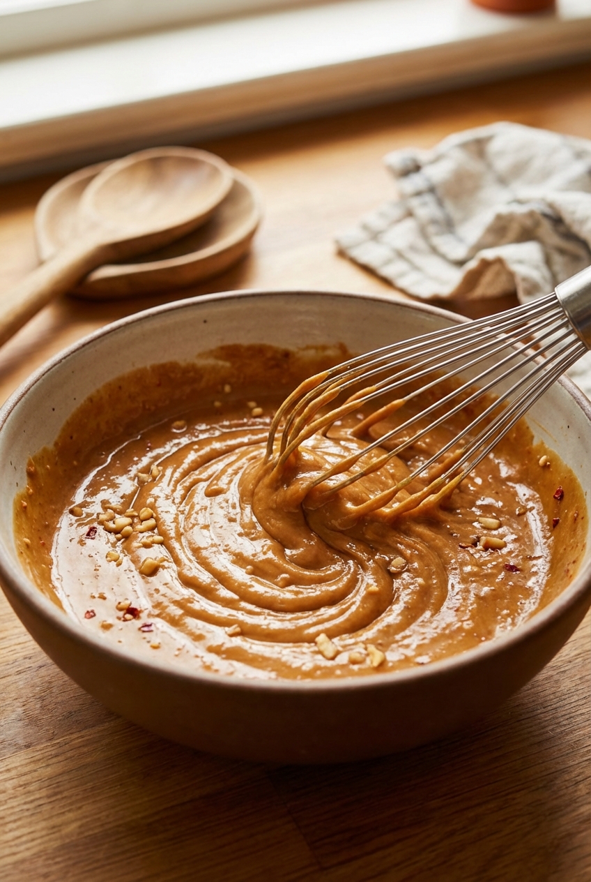 A whisk mixing peanut sauce in a medium bowl, showing the sauce turning smooth and glossy