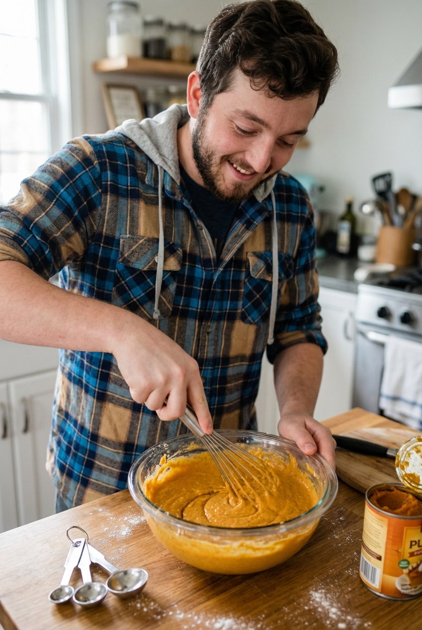 A whisk mixing pumpkin pancake batter in a glass bowl on a wooden counter with measuring spoons nearby