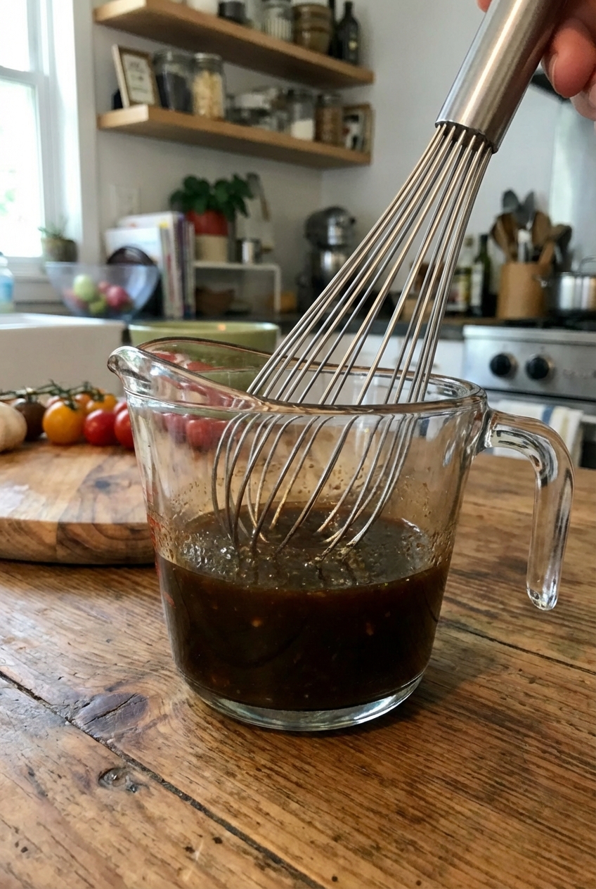 A whisk mixing stir fry sauce in a glass measuring cup on a kitchen counter