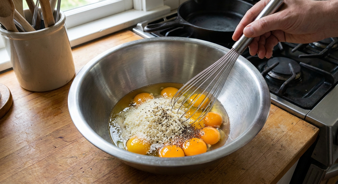 A whisk mixing whole eggs, extra yolks, grated Pecorino, and cracked black pepper in a stainless steel bowl on a kitchen counter