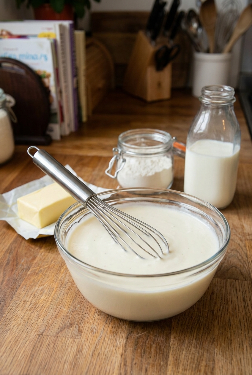 A whisk resting in a bowl of smooth white sauce on a wooden counter with butter, flour, and milk nearby