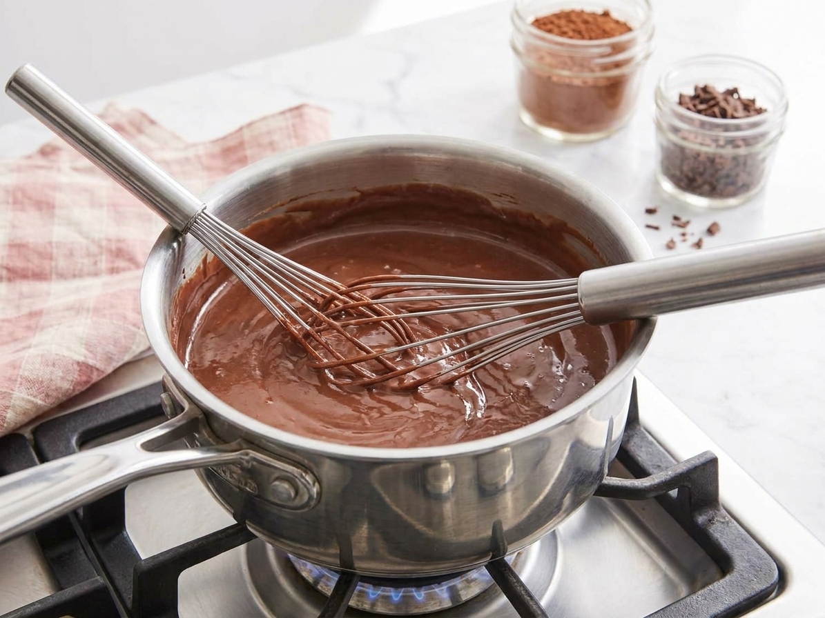 A whisk resting in a saucepan of glossy chocolate pudding on a stovetop