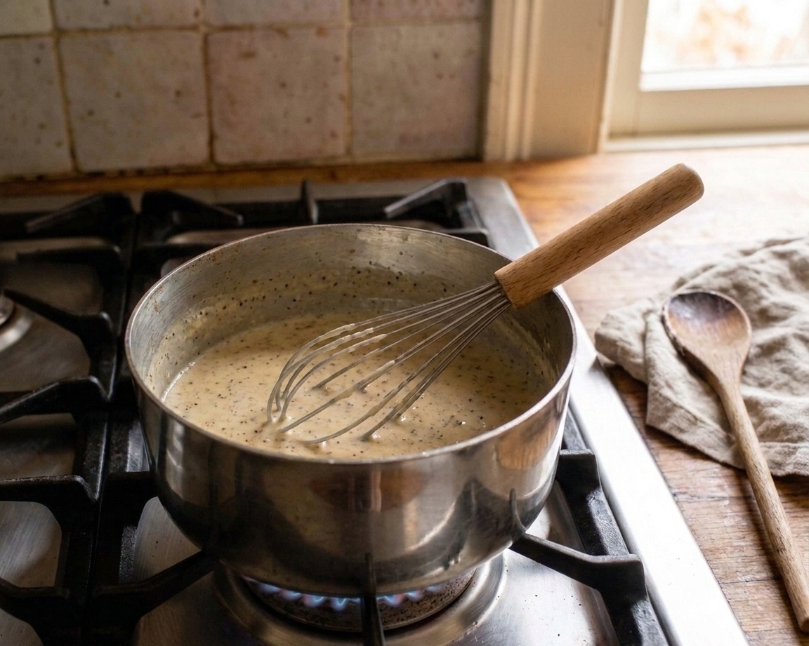 A whisk resting in a stainless steel saucepan on a stovetop with a wooden spoon on a clean kitchen counter