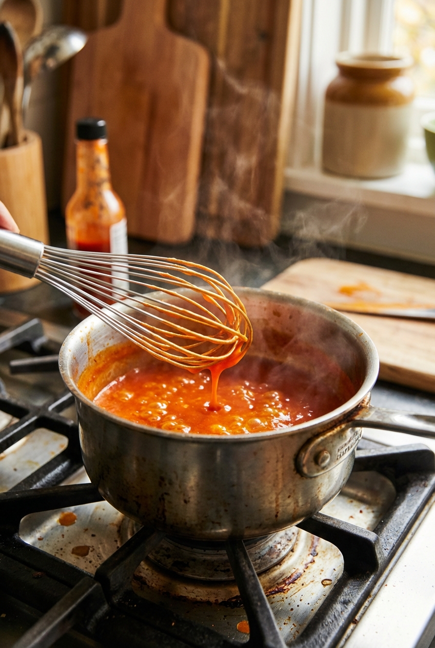 A whisk stirring Buffalo sauce in a small saucepan on a stovetop