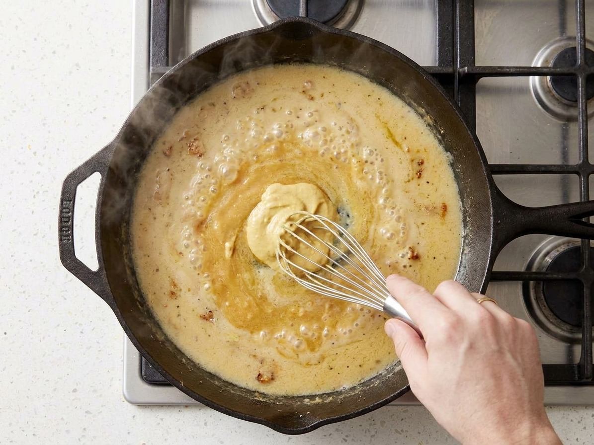 A whisk stirring Dijon mustard into a creamy pan sauce in a skillet as the sauce turns pale golden and glossy