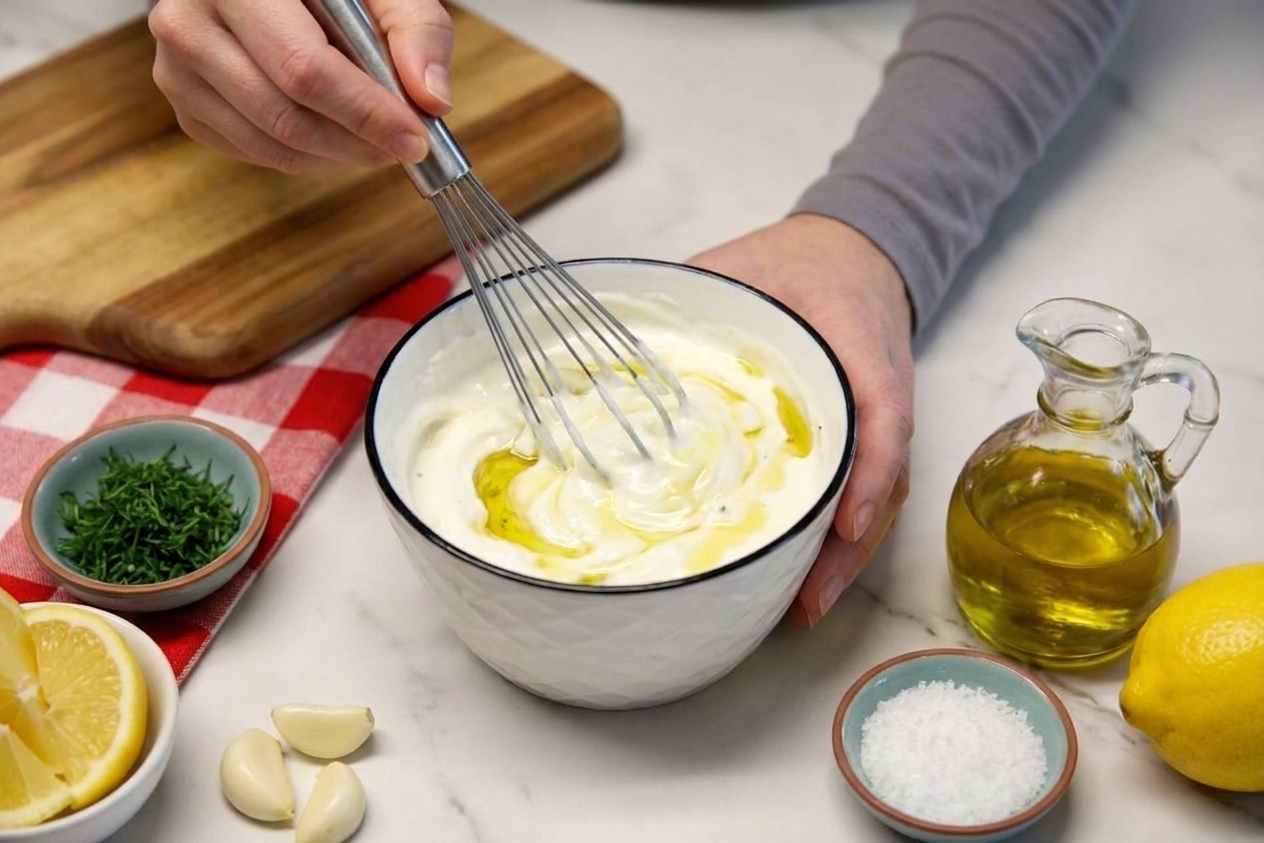 A whisk stirring Greek yogurt with lemon juice and olive oil in a white mixing bowl on a light stone countertop