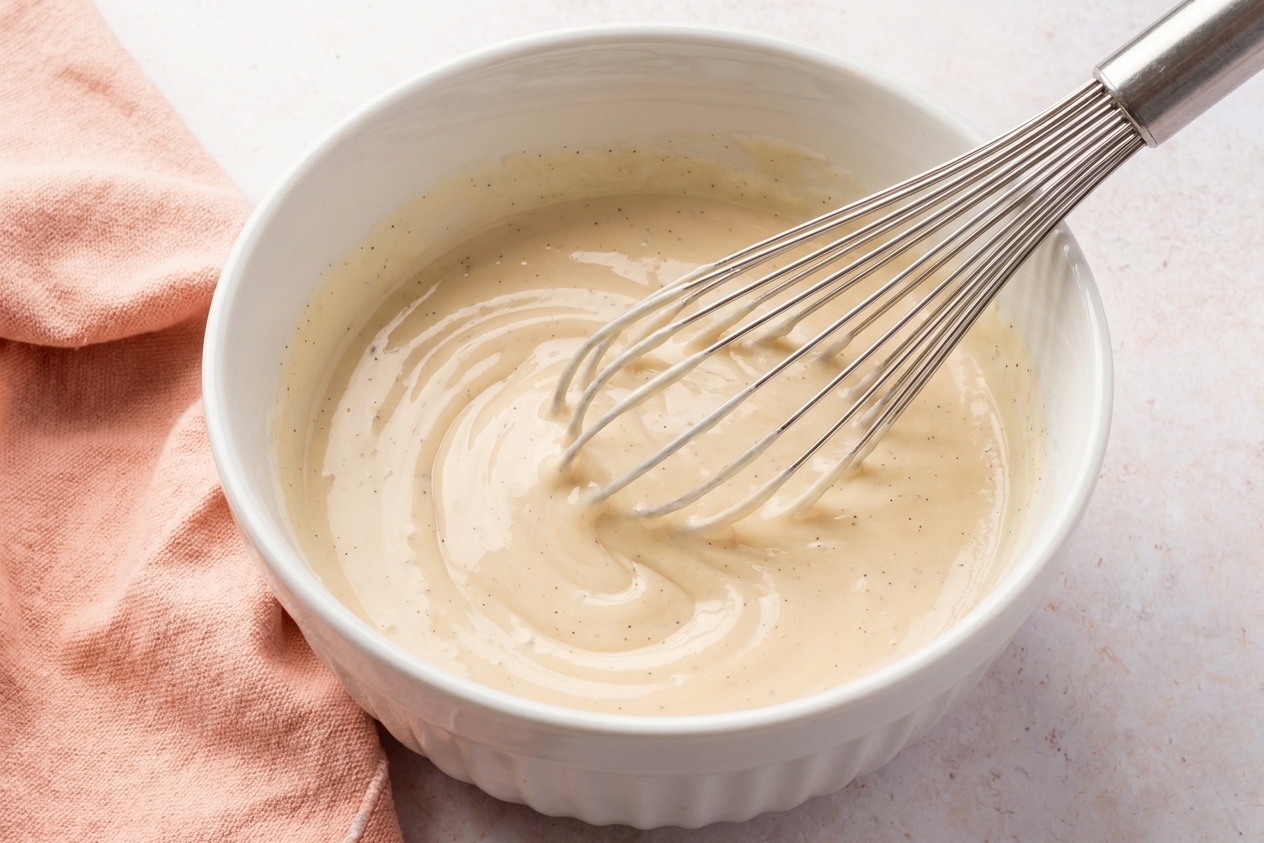 A whisk stirring Mexican crema with sweetened condensed milk and vanilla in a white mixing bowl on a clean countertop