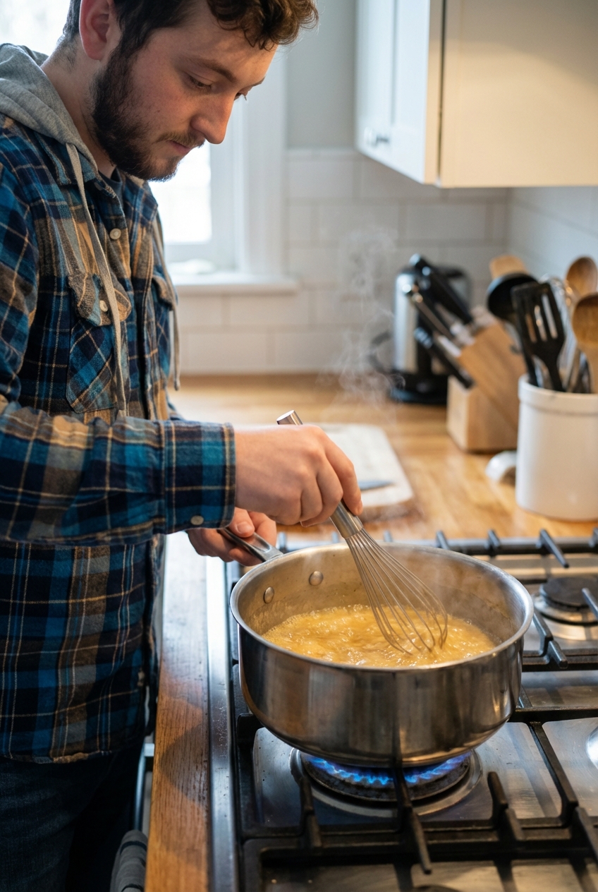 A whisk stirring a bubbling blonde roux in a saucepan on a stovetop