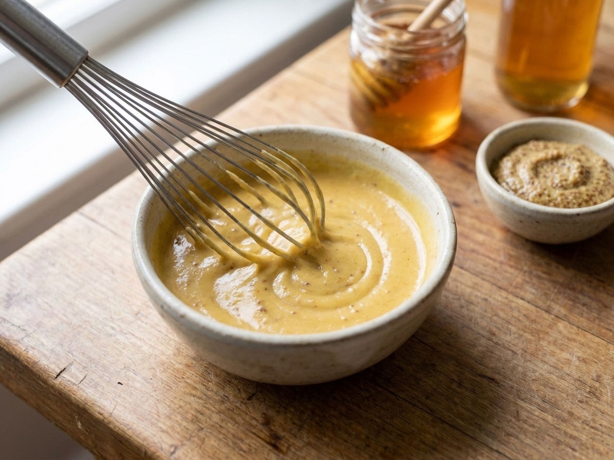 A whisk stirring a creamy honey mustard sauce in a small bowl on a tidy kitchen counter