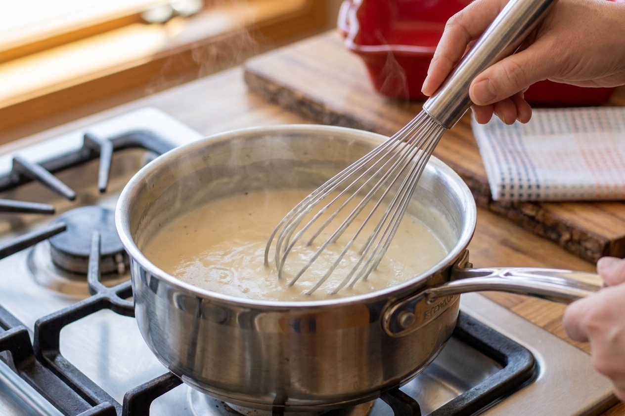 A whisk stirring a creamy sauce in a saucepan on the stove, steam rising in a cozy home kitchen