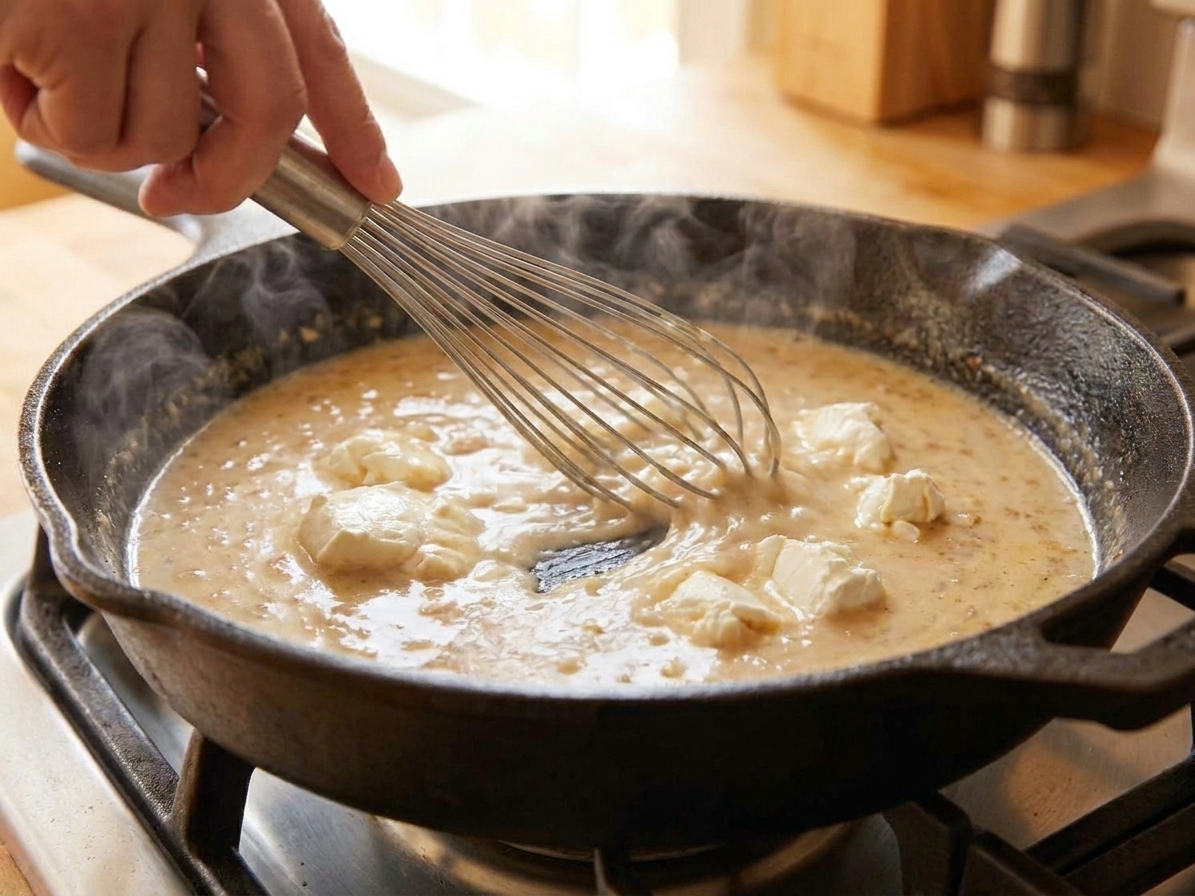 A whisk stirring a creamy sauce in a skillet as cream cheese melts into the broth