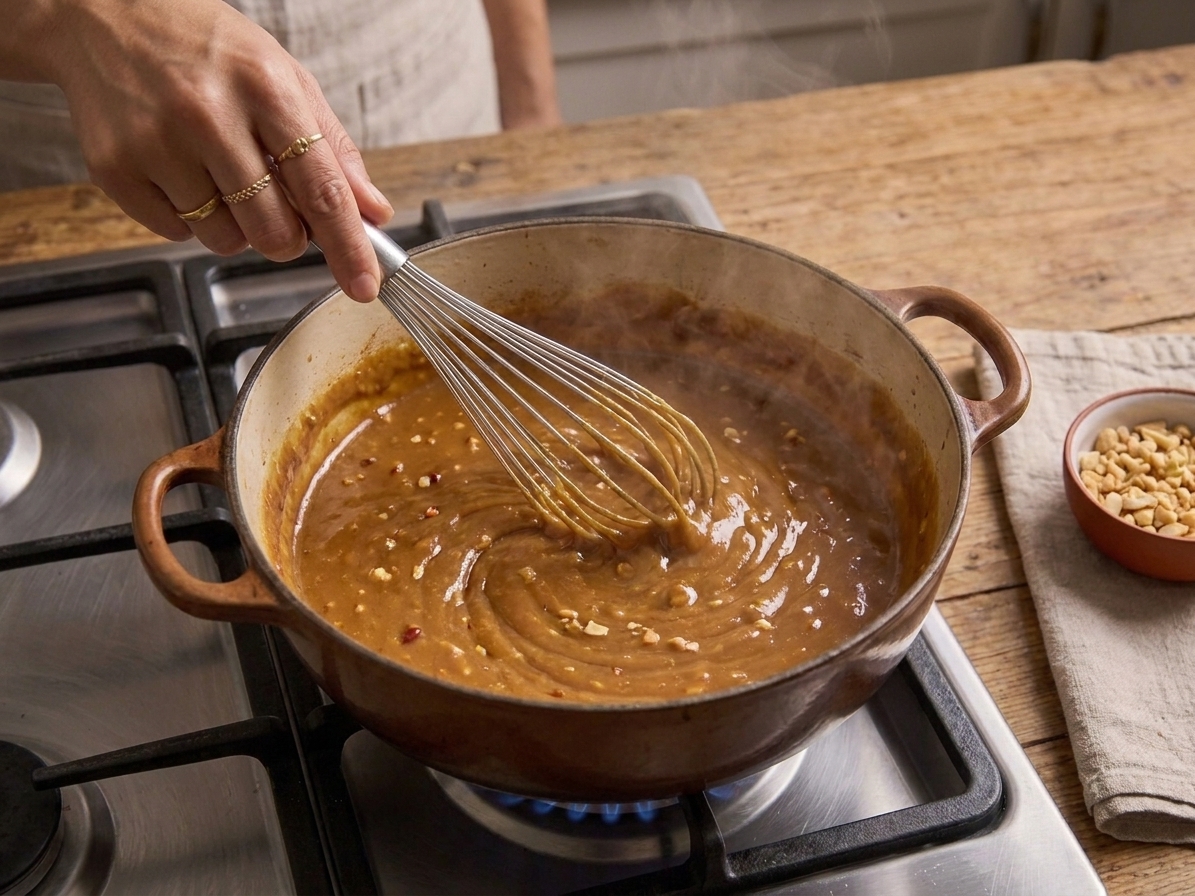 A whisk stirring a glossy peanut sauce in a pot on the stove as it thickens