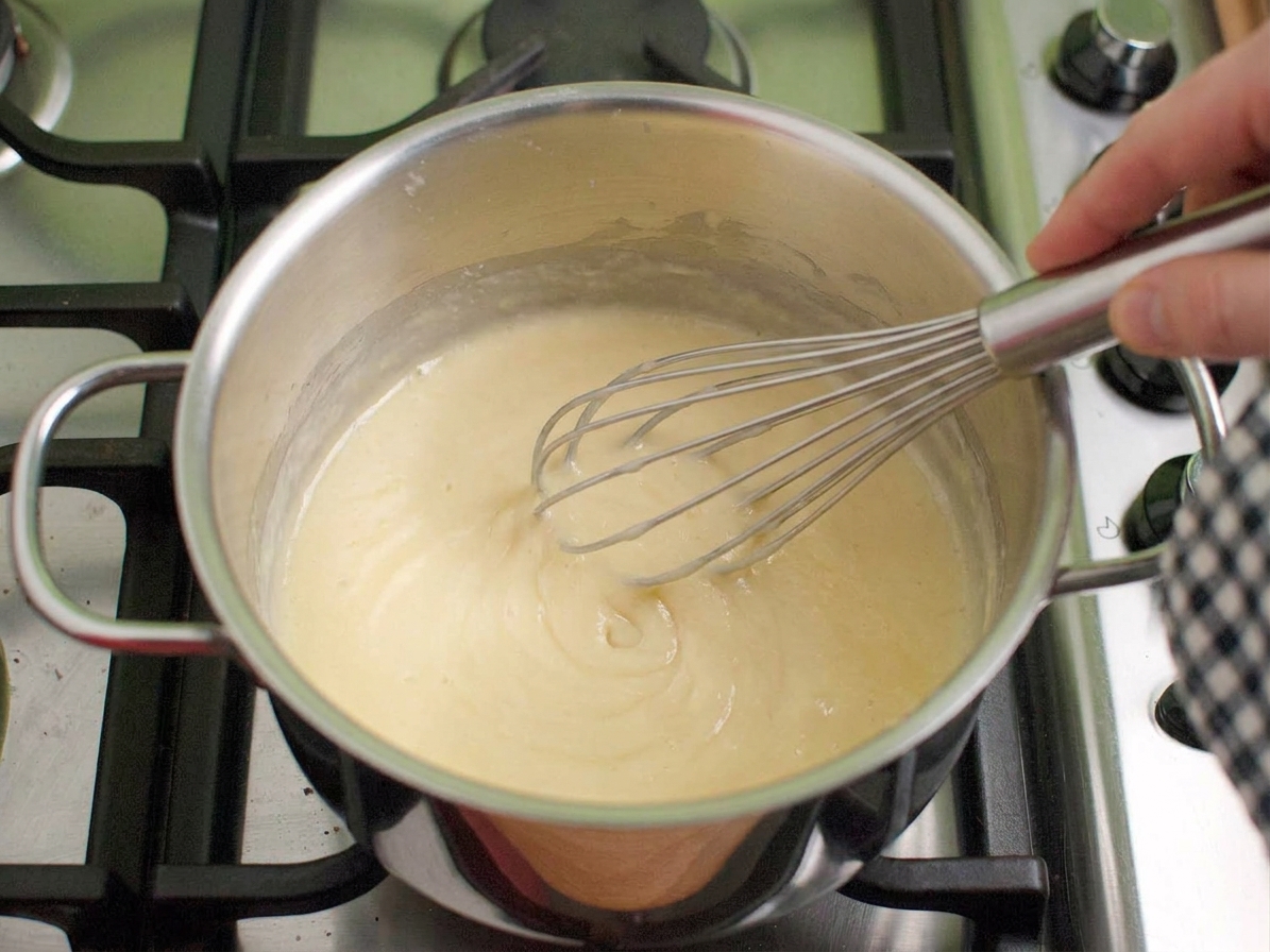 A whisk stirring a pale buttery flour roux in a saucepan on the stove
