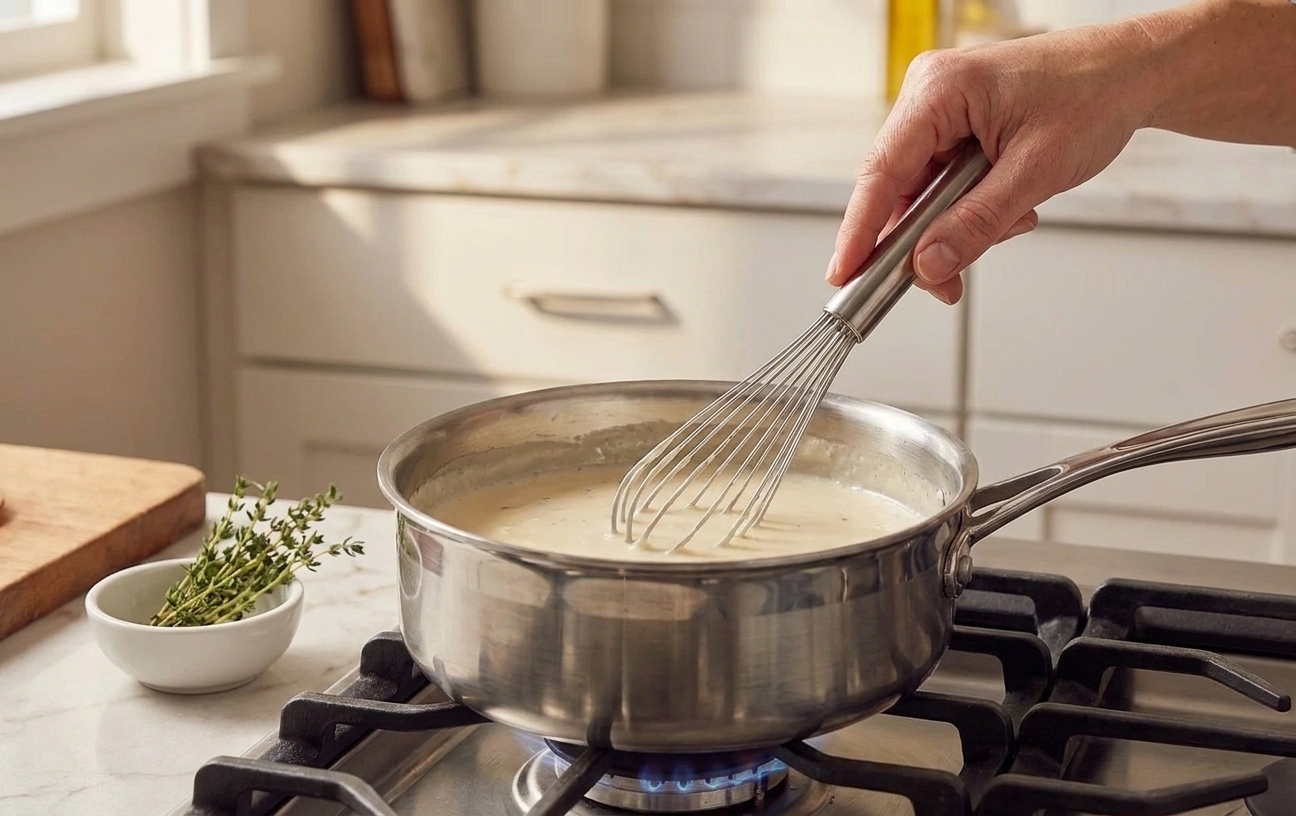 A whisk stirring a pale creamy sauce in a saucepan on a stovetop with a small bowl of thyme nearby
