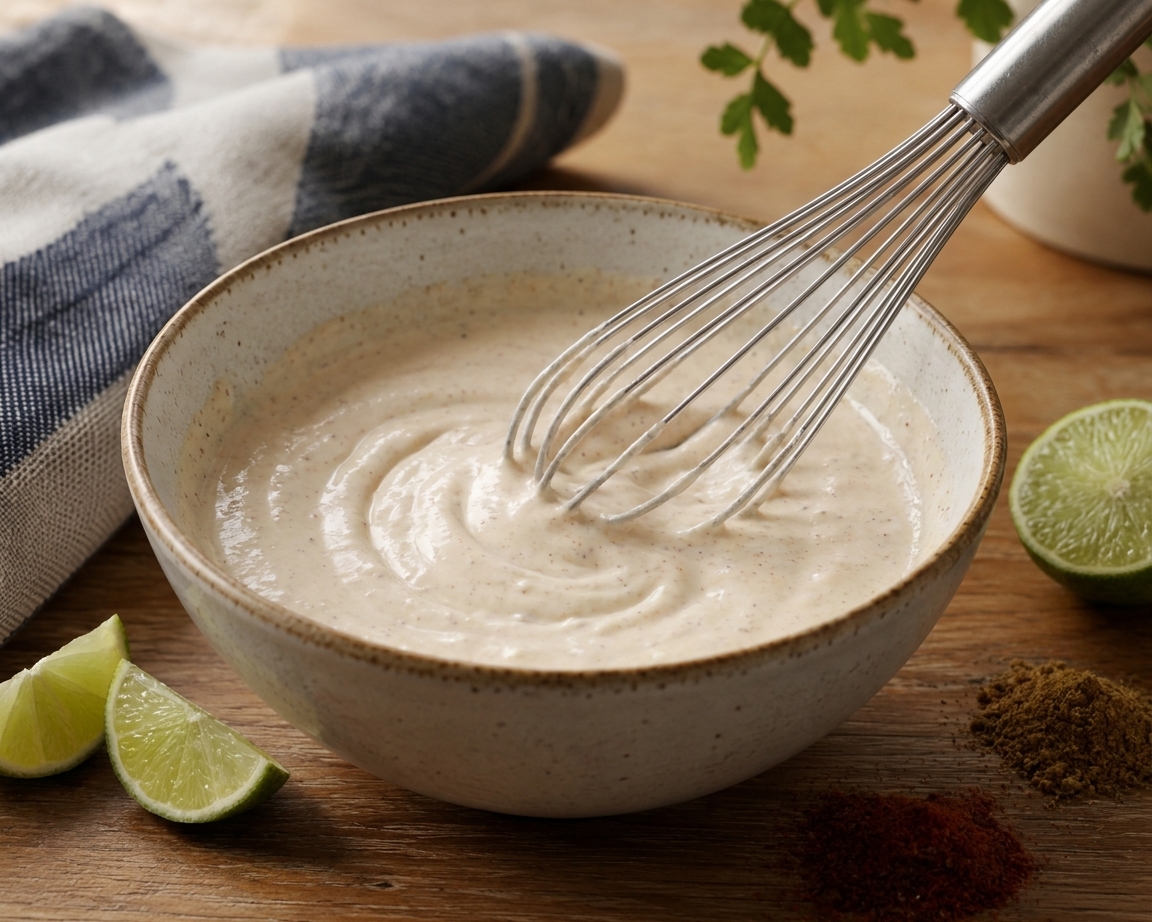 A whisk stirring a pale creamy taco sauce in a ceramic bowl on a kitchen counter, with spices and a cut lime nearby