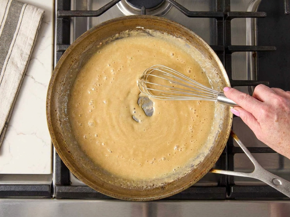 A whisk stirring a pale golden roux in a skillet on the stovetop