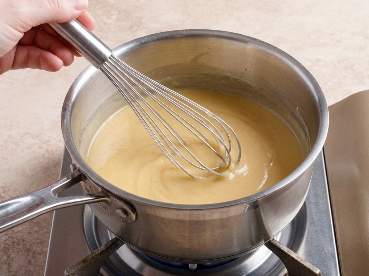 A whisk stirring a pale golden roux made from butter and flour in a stainless steel saucepan on a stovetop