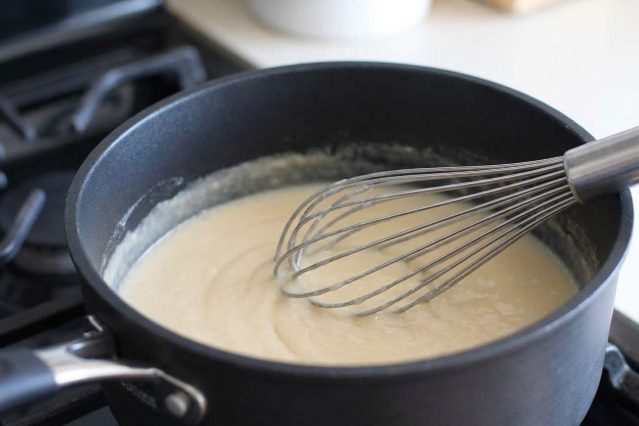A whisk stirring a pale roux in a saucepan on a stovetop