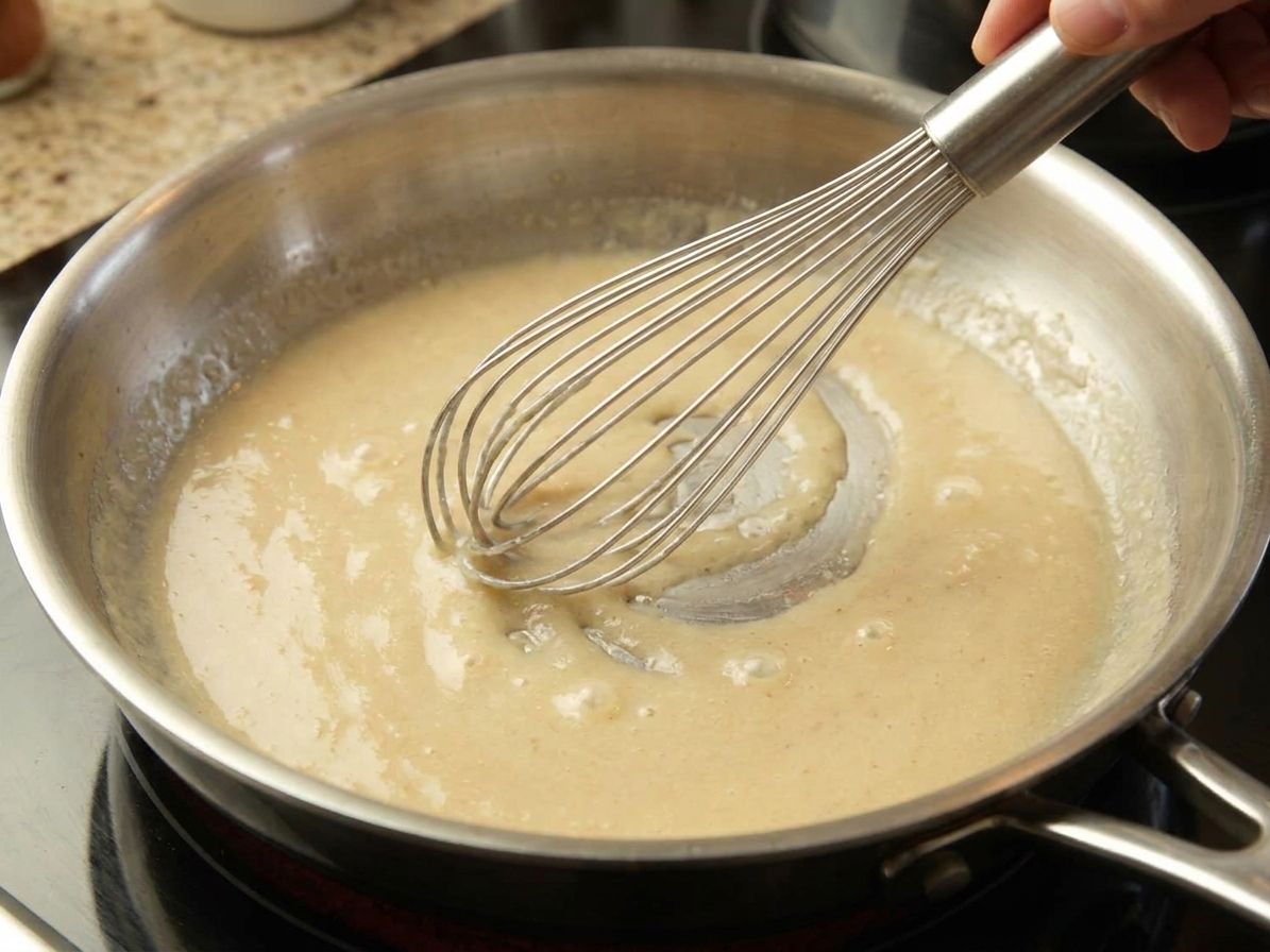 A whisk stirring a pale roux in a skillet on a stovetop