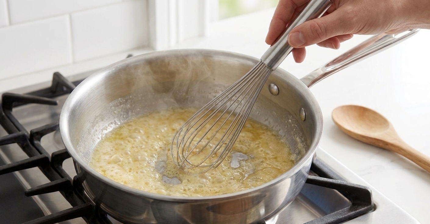 A whisk stirring a pale roux made from butter and flour in a saucepan on the stove