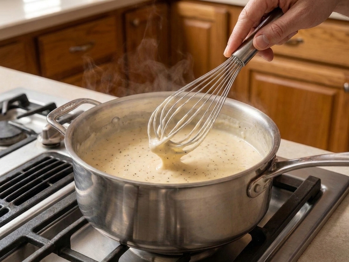 A whisk stirring a pale sauce as it thickens in a saucepan on the stove