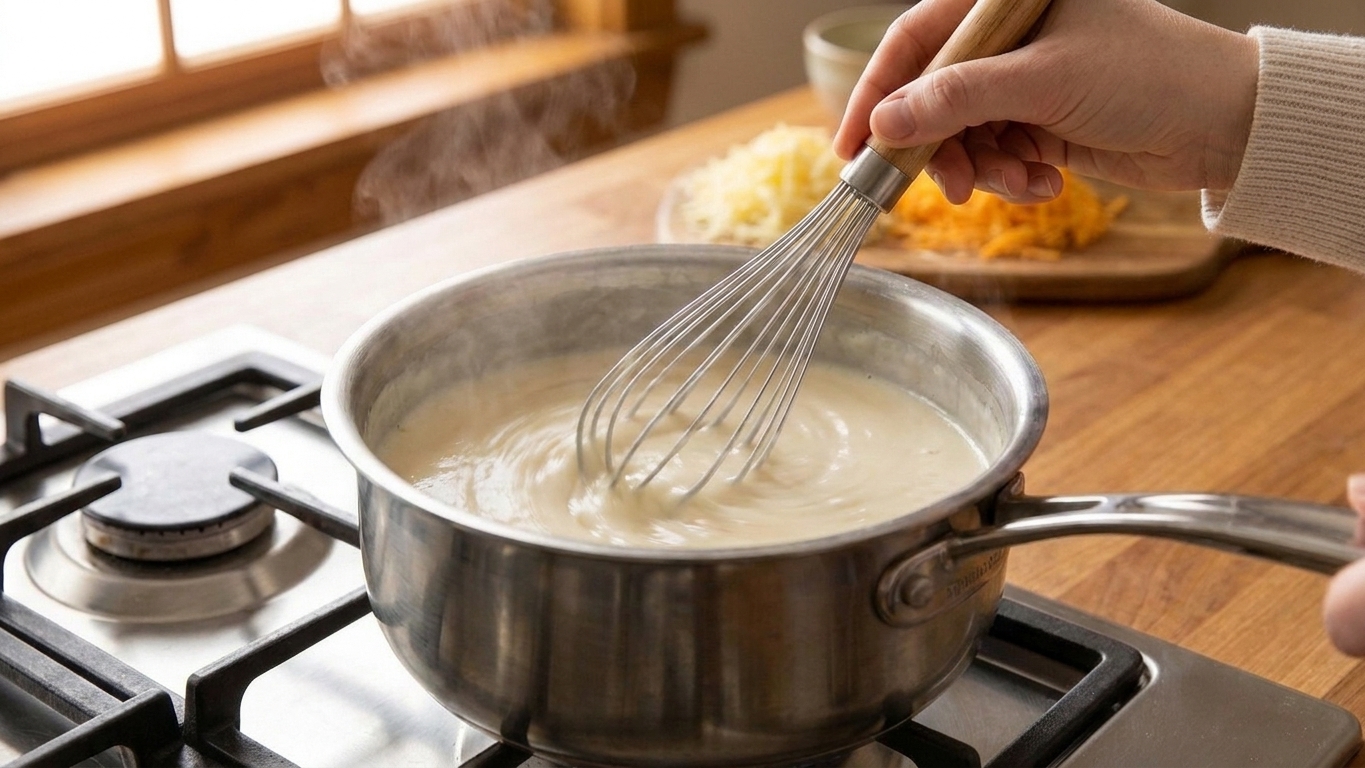 A whisk stirring a pale, thickening milk sauce in a saucepan on the stove