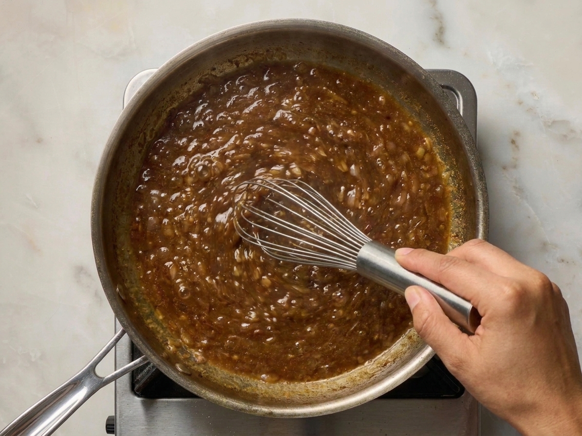 A whisk stirring a simmering pan sauce in a stainless steel skillet on a stovetop