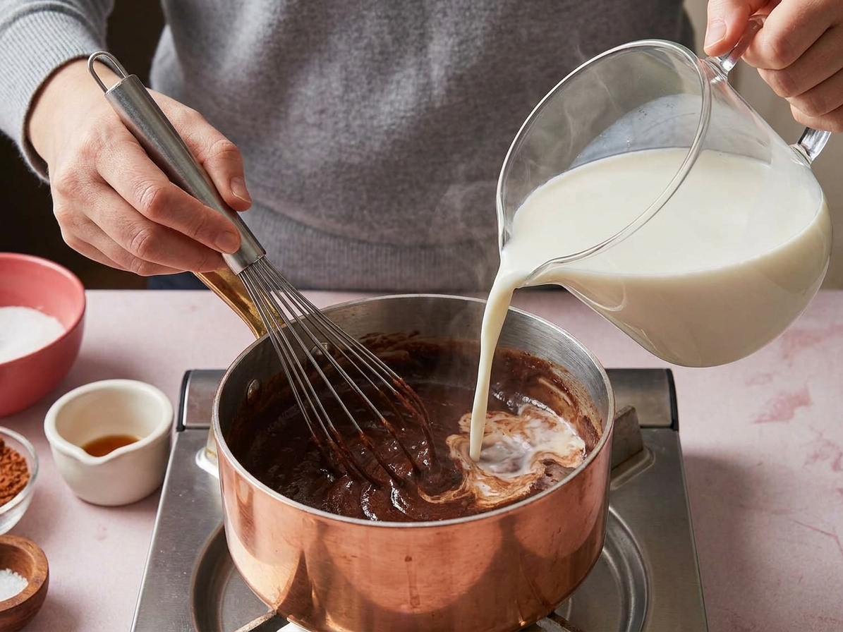 A whisk stirring a smooth cocoa paste in a small saucepan while warm milk is being added
