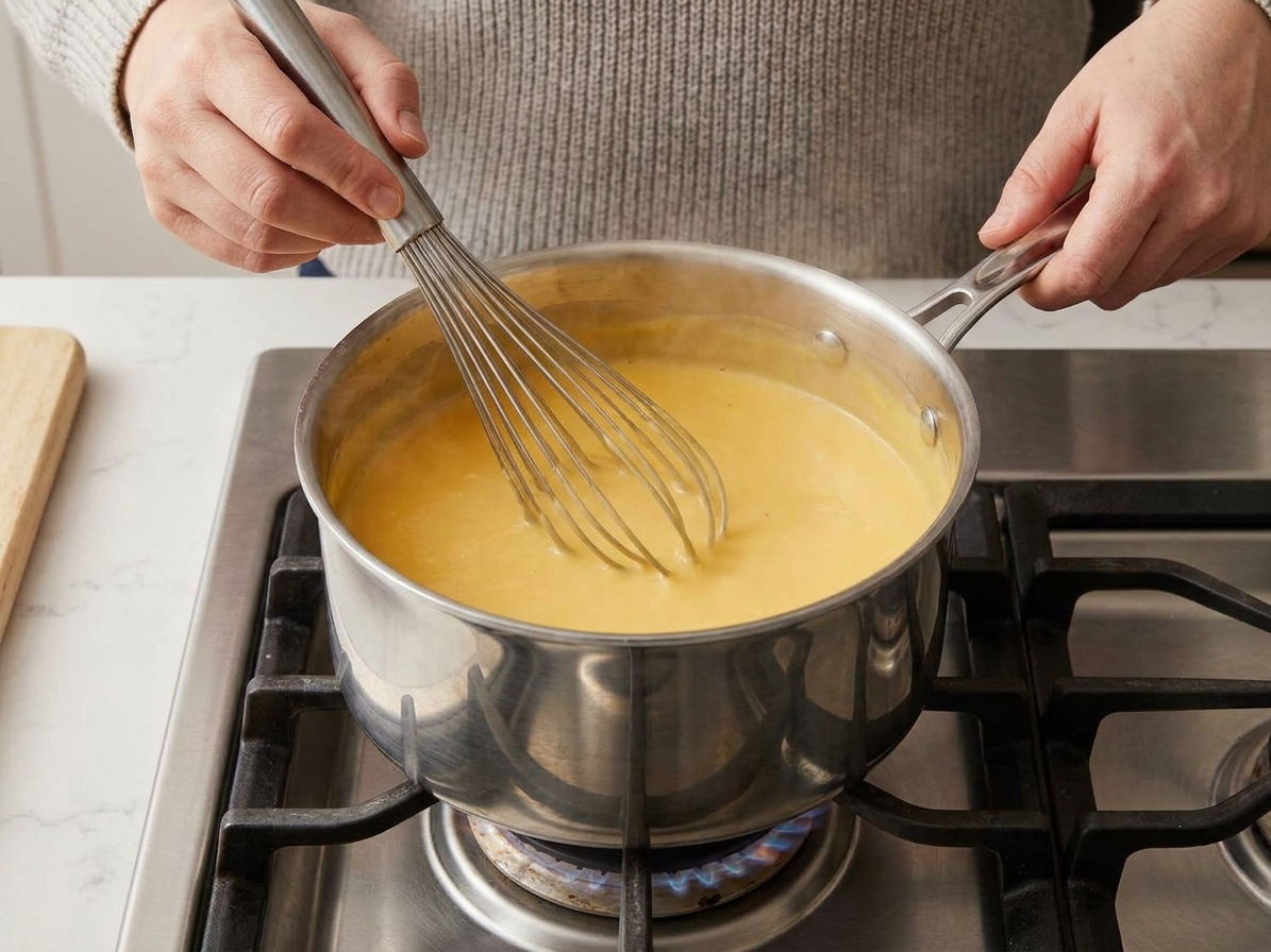 A whisk stirring a smooth, creamy cheese sauce in a saucepan on the stovetop