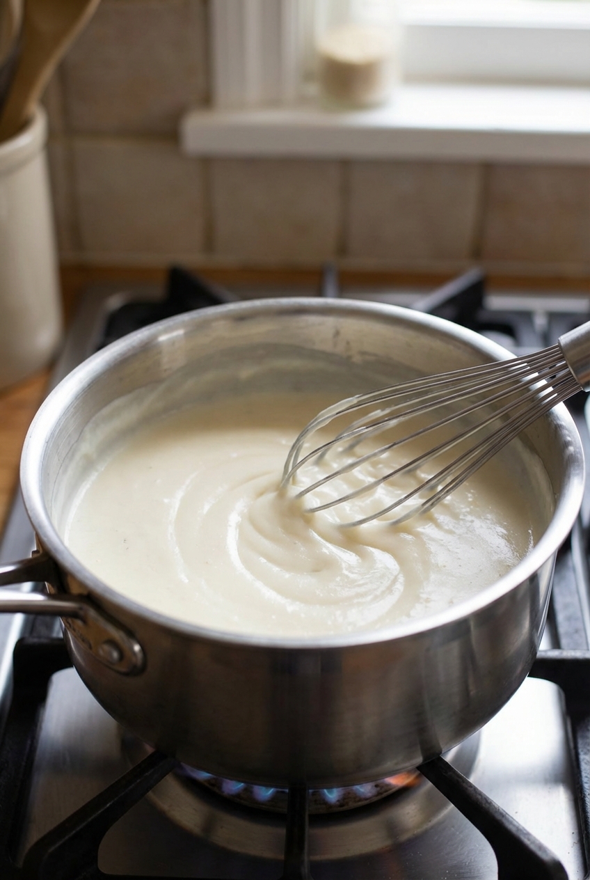 A whisk stirring a smooth light bechamel sauce in a stainless steel saucepan on a stovetop