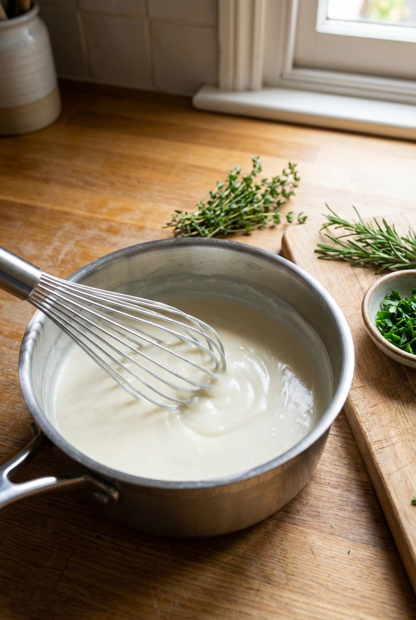 A whisk stirring a smooth light white sauce in a saucepan with fresh herbs nearby on a countertop